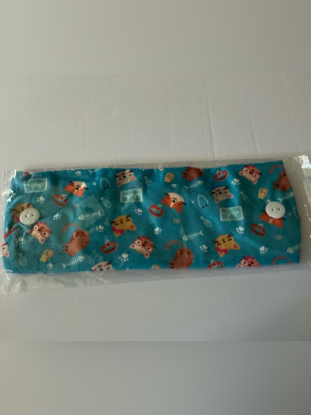 Turquoise Cat Print Mask Strap Headband with Buttons